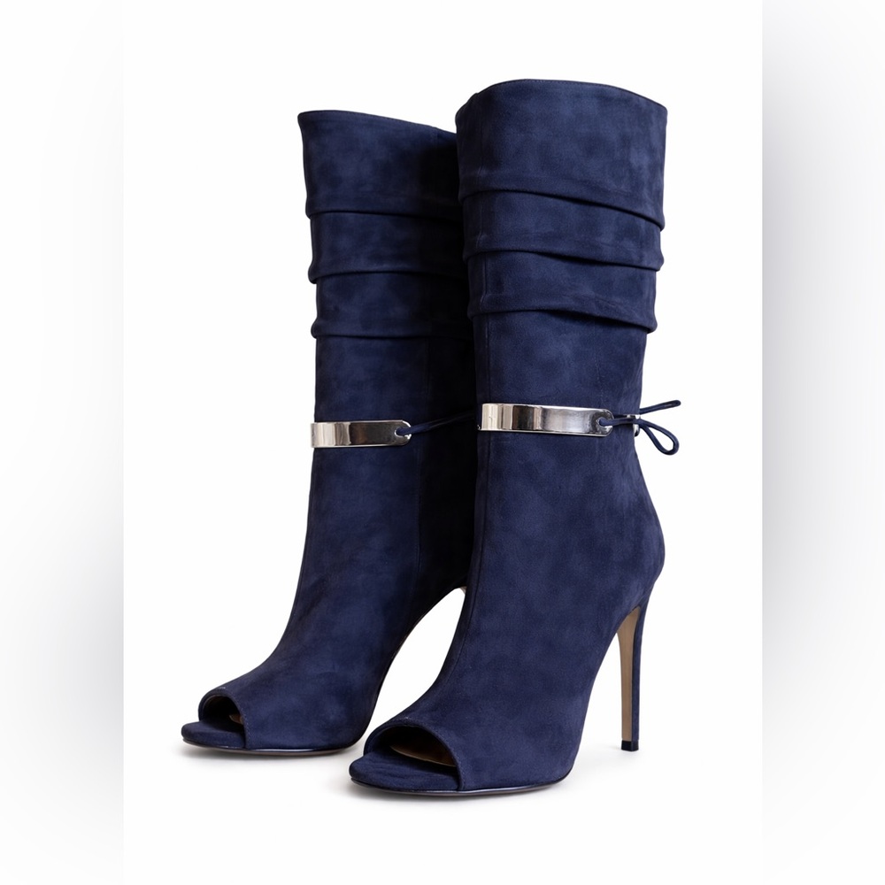 Halston Heritage Kendall Navy Suede Peep Toe Mid-Calf Stiletto Boots